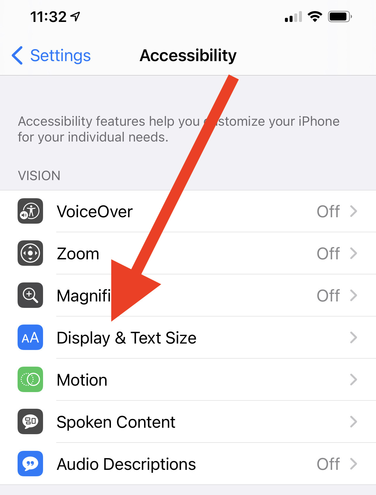 Display & Text Size screen on iPhone