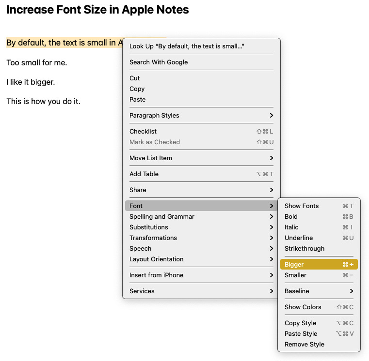 Highlight text to increase size