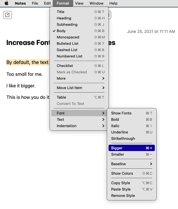 Click "bigger" to increase font size in Apple Notes